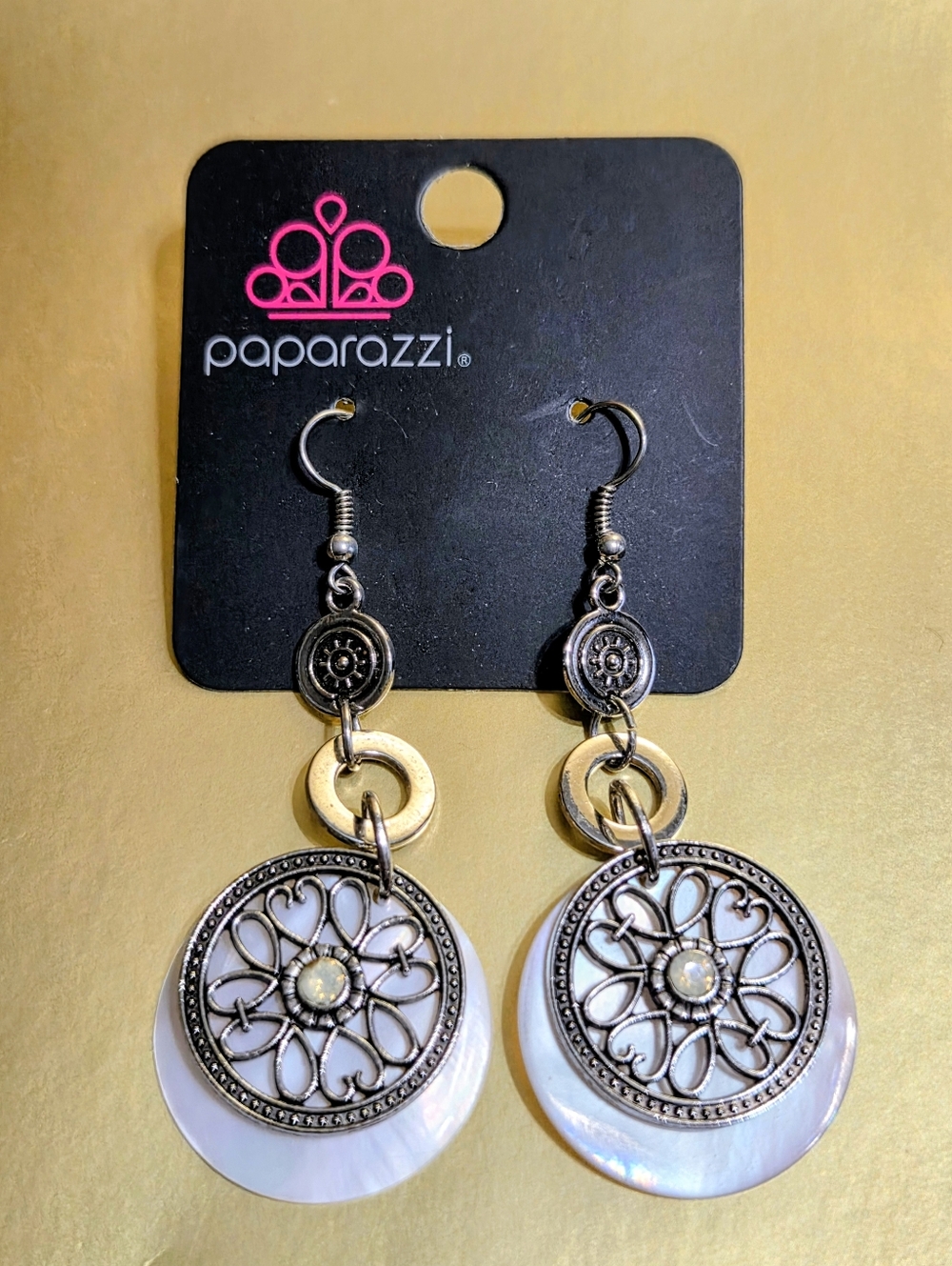 Paparazzi Silver and White Filigree Circle Drop Earrings with Mother-of-Pearl